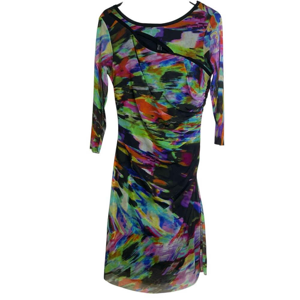 Elaua Kattau Dress Womens Medium Multicolor Mesh Sheer Artsy Colorful Peek A Boo